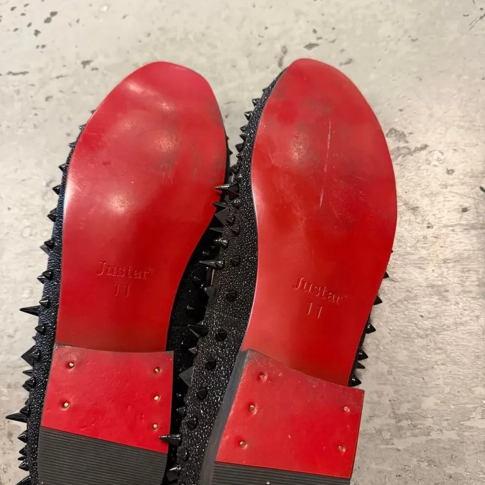 Justar Men’s Black studded loafers with spikes Red Bottoms Men’s Size 11
